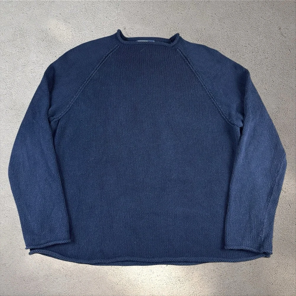 Polo Ralph Lauren Blue Cotton Long Sleeve Roll Neck Knit Fisherman Sweater Sz XL